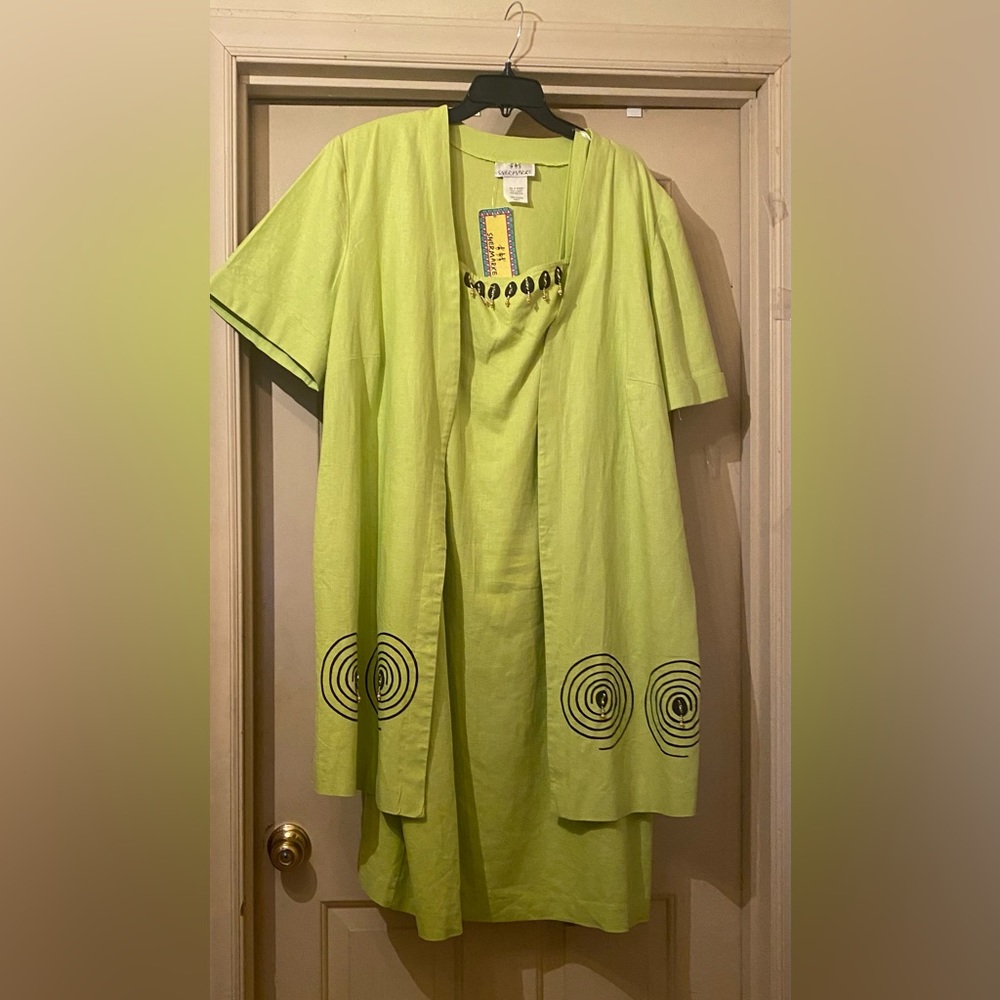 3 piece lime green dress and coat ensemble.